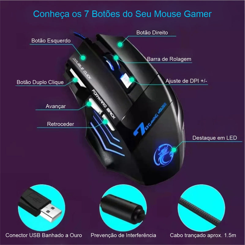 Mouse Gamer 3600dpi Usb Com Fio Led RGB com 7 Botões